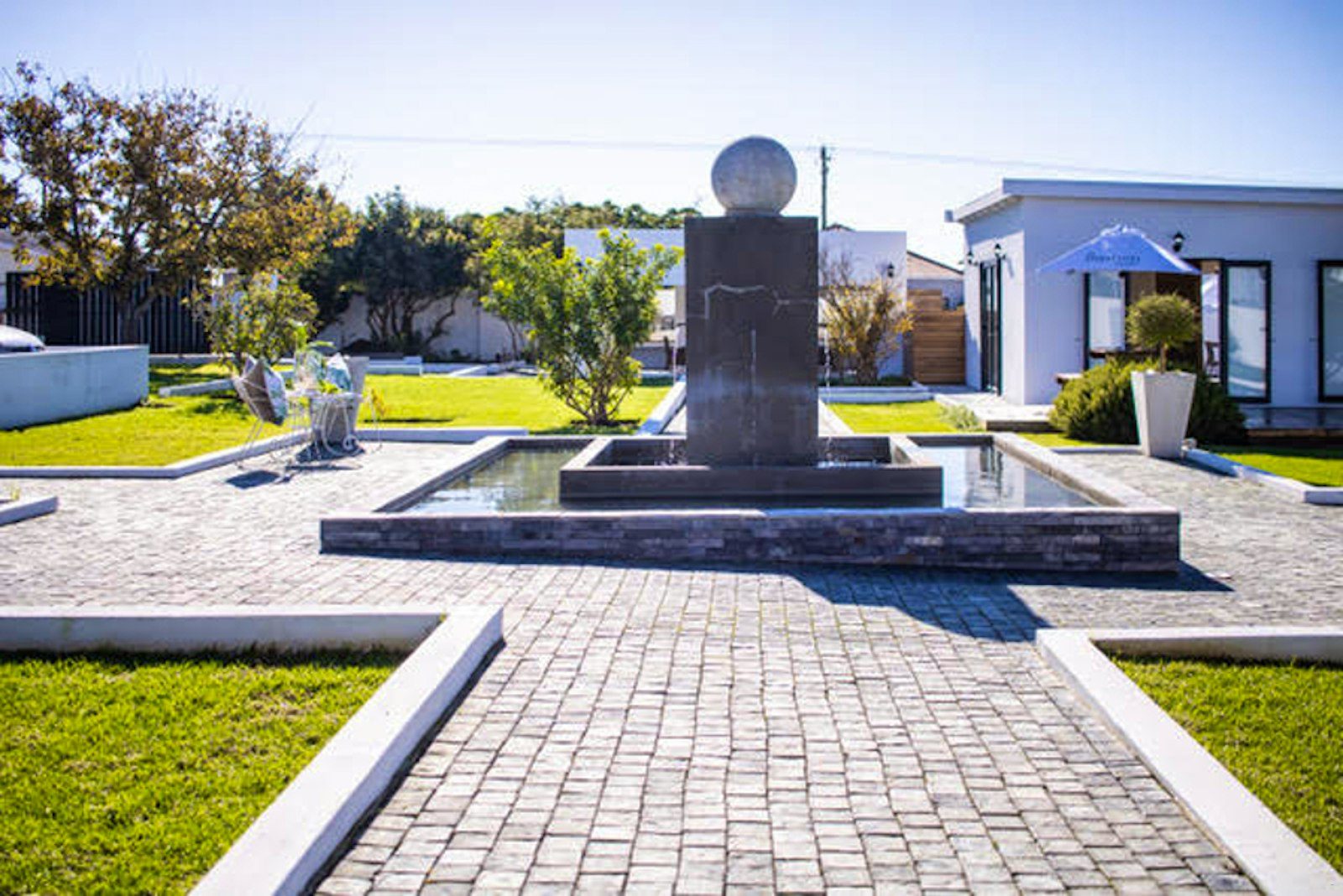 Garden fountain and lawn